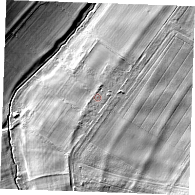 Shaded relief map of the ground around CB87PF, computed from Environment Agency LiDAR. The ground here sits at about 16 m above sea level and falls 15 m across the surrounding 800 m. Surface water reaching this point runs off ground lying to the west-south-west, 0.7 m higher.