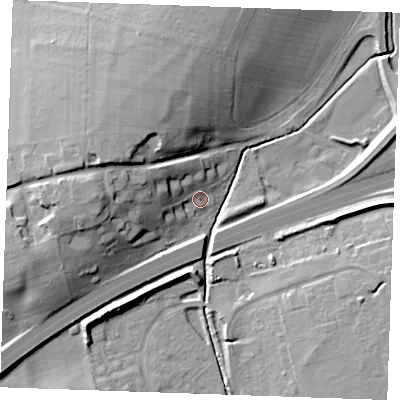 Shaded relief map of the ground around CB87PG, computed from Environment Agency LiDAR. The ground here sits at about 20 m above sea level and falls 19 m across the surrounding 800 m. Surface water reaching this point runs off ground lying to the north-west, 9.1 m higher.