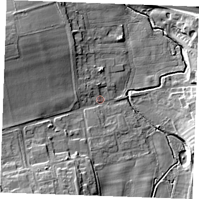 Shaded relief map of the ground around CB87PP, computed from Environment Agency LiDAR. The ground here sits at about 28 m above sea level and falls 16 m across the surrounding 800 m. Surface water reaching this point runs off ground lying to the south-west, 11.6 m higher.