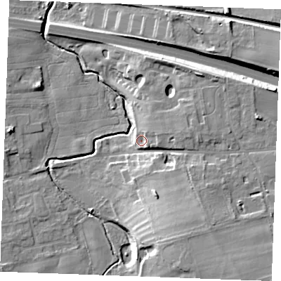 Shaded relief map of the ground around CB87PT, computed from Environment Agency LiDAR. The ground here sits at about 31 m above sea level and falls 19 m across the surrounding 800 m. Surface water reaching this point runs off ground lying to the east-north-east, 6.9 m higher.