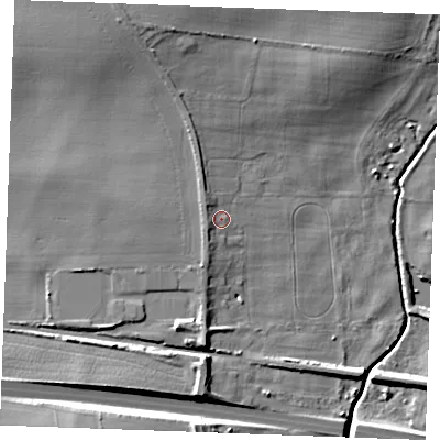 Shaded relief map of the ground around CB87QF, computed from Environment Agency LiDAR. The ground here sits at about 28 m above sea level and falls 12 m across the surrounding 800 m. Surface water reaching this point runs off ground lying to the west-north-west, 2.2 m higher.