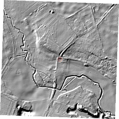 Shaded relief map of the ground around CB87QL, computed from Environment Agency LiDAR. The ground here sits at about 21 m above sea level and falls 13 m across the surrounding 800 m. Surface water reaching this point runs off ground lying to the north-north-east, 3.9 m higher.