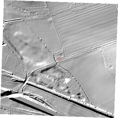 Shaded relief map of the ground around CB87QT, computed from Environment Agency LiDAR. The ground here sits at about 34 m above sea level and falls 21 m across the surrounding 800 m. Surface water reaching this point runs off ground lying to the east, 15.3 m higher.