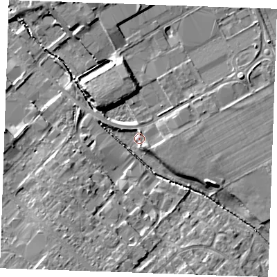 Shaded relief map of the ground around CB87RL, computed from Environment Agency LiDAR. The ground here sits at about 23 m above sea level and falls 14 m across the surrounding 800 m. Surface water reaching this point runs off ground lying to the south-south-west, 10.5 m higher.