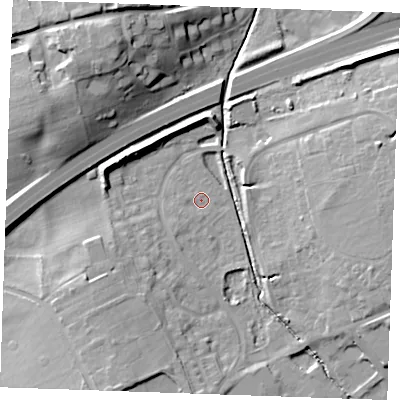 Shaded relief map of the ground around CB87RP, computed from Environment Agency LiDAR. The ground here sits at about 19 m above sea level and falls 18 m across the surrounding 800 m. Surface water reaching this point runs off ground lying to the east-south-east, 11.5 m higher.