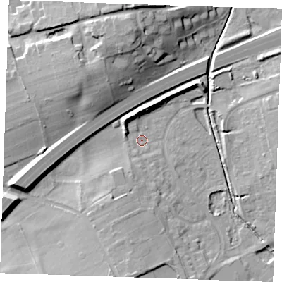 Shaded relief map of the ground around CB87RR, computed from Environment Agency LiDAR. The ground here sits at about 20 m above sea level and falls 18 m across the surrounding 800 m. Surface water reaching this point runs off ground lying to the west-north-west, 4.0 m higher.
