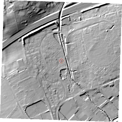 Shaded relief map of the ground around CB87RW, computed from Environment Agency LiDAR. The ground here sits at about 19 m above sea level and falls 18 m across the surrounding 800 m. Surface water reaching this point runs off ground lying to the west-south-west, 7.5 m higher.