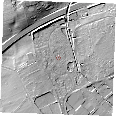 Shaded relief map of the ground around CB87RX, computed from Environment Agency LiDAR. The ground here sits at about 20 m above sea level and falls 17 m across the surrounding 800 m. Surface water reaching this point runs off ground lying to the west-south-west, 7.1 m higher.