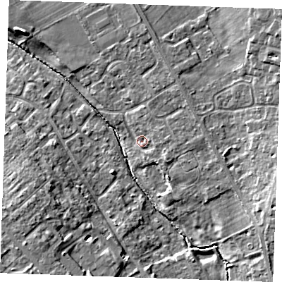 Shaded relief map of the ground around CB87SE, computed from Environment Agency LiDAR. The ground here sits at about 25 m above sea level and falls 12 m across the surrounding 800 m. Surface water reaching this point runs off ground lying to the east, 3.4 m higher.