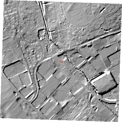 Shaded relief map of the ground around CB87SH, computed from Environment Agency LiDAR. The ground here sits at about 20 m above sea level and falls 16 m across the surrounding 800 m. Surface water reaching this point runs off ground lying to the south-west, 11.9 m higher.