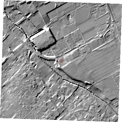 Shaded relief map of the ground around CB87SU, computed from Environment Agency LiDAR. The ground here sits at about 24 m above sea level and falls 13 m across the surrounding 800 m. Surface water reaching this point runs off ground lying to the east, 2.2 m higher.