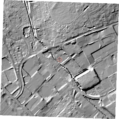 Shaded relief map of the ground around CB87XA, computed from Environment Agency LiDAR. The ground here sits at about 20 m above sea level and falls 15 m across the surrounding 800 m. Surface water reaching this point runs off ground lying to the south-west, 11.4 m higher.