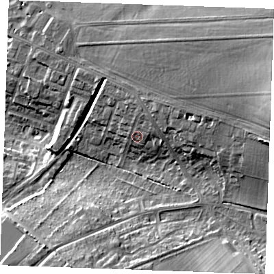 Shaded relief map of the ground around CB88AE, computed from Environment Agency LiDAR. The ground here sits at about 38 m above sea level and falls 25 m across the surrounding 800 m. Surface water reaching this point runs off ground lying to the north-north-east, 3.5 m higher.