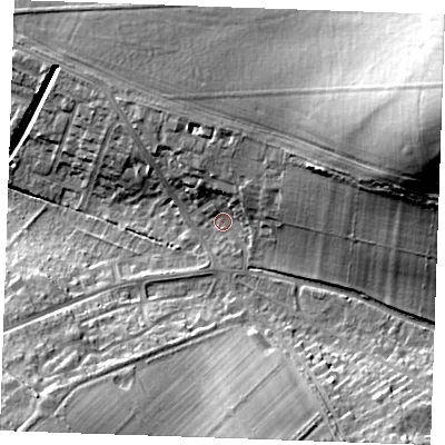 Shaded relief map of the ground around CB88AF, computed from Environment Agency LiDAR. The ground here sits at about 37 m above sea level and falls 38 m across the surrounding 800 m. Surface water reaching this point runs off ground lying to the east-north-east, 34.0 m higher.