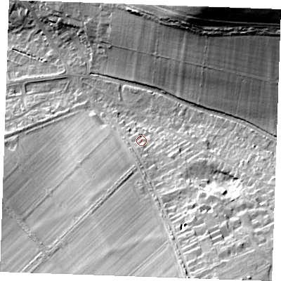 Shaded relief map of the ground around CB88AG, computed from Environment Agency LiDAR. The ground here sits at about 43 m above sea level and falls 32 m across the surrounding 800 m. Surface water reaching this point runs off ground lying to the south, 3.9 m higher.