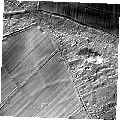 Shaded relief map of the ground around CB88AQ, computed from Environment Agency LiDAR. The ground here sits at about 50 m above sea level and falls 35 m across the surrounding 800 m. Surface water reaching this point runs off ground lying to the south-south-east, 20.5 m higher.