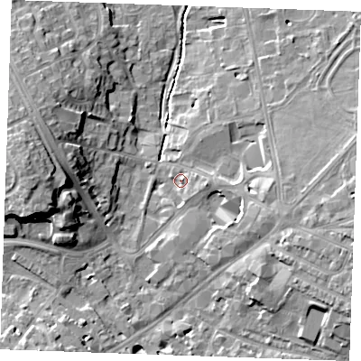 Shaded relief map of the ground around CB88AR, computed from Environment Agency LiDAR. The ground here sits at about 28 m above sea level and falls 16 m across the surrounding 800 m. Surface water reaching this point runs off ground lying to the east, 3.4 m higher.
