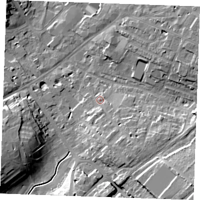 Shaded relief map of the ground around CB88AX, computed from Environment Agency LiDAR. The ground here sits at about 31 m above sea level and falls 21 m across the surrounding 800 m. Surface water reaching this point runs off ground lying to the south-south-east, 8.1 m higher.
