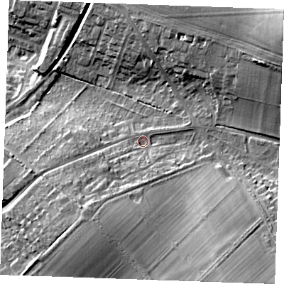 Shaded relief map of the ground around CB88BZ, computed from Environment Agency LiDAR. The ground here sits at about 38 m above sea level and falls 28 m across the surrounding 800 m. Surface water reaching this point runs off ground lying to the east-north-east, 17.0 m higher.