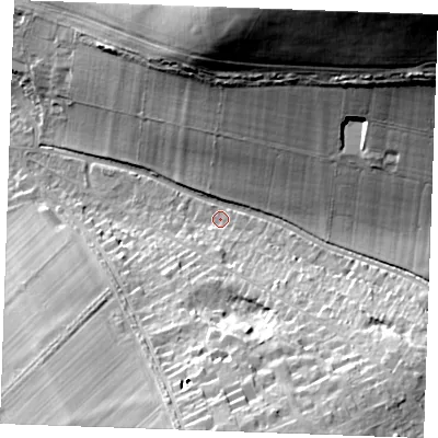 Shaded relief map of the ground around CB88DA, computed from Environment Agency LiDAR. The ground here sits at about 41 m above sea level and falls 39 m across the surrounding 800 m. Surface water reaching this point runs off ground lying to the north-east, 36.0 m higher.