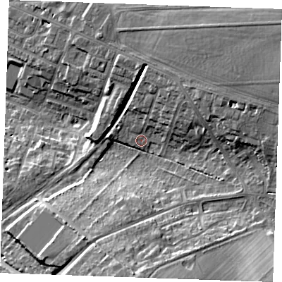 Shaded relief map of the ground around CB88DS, computed from Environment Agency LiDAR. The ground here sits at about 34 m above sea level and falls 21 m across the surrounding 800 m. Surface water reaching this point runs off ground lying to the south, 16.8 m higher.