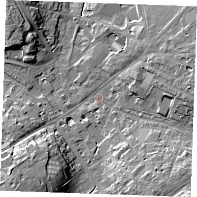 Shaded relief map of the ground around CB88EA, computed from Environment Agency LiDAR. The ground here sits at about 28 m above sea level and falls 20 m across the surrounding 800 m. Surface water reaching this point runs off ground lying to the south-south-east, 10.3 m higher.