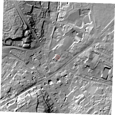 Shaded relief map of the ground around CB88EG, computed from Environment Agency LiDAR. The ground here sits at about 28 m above sea level and falls 19 m across the surrounding 800 m. Surface water reaching this point runs off ground lying to the east-north-east, 1.0 m higher.