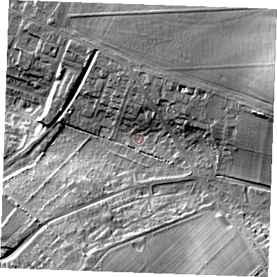 Shaded relief map of the ground around CB88EJ, computed from Environment Agency LiDAR. The ground here sits at about 35 m above sea level and falls 26 m across the surrounding 800 m. Surface water reaching this point runs off ground lying to the east-north-east, 21.6 m higher.