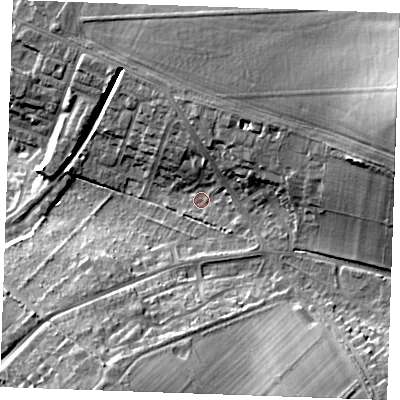 Shaded relief map of the ground around CB88EL, computed from Environment Agency LiDAR. The ground here sits at about 35 m above sea level and falls 29 m across the surrounding 800 m. Surface water reaching this point runs off ground lying to the east-north-east, 24.7 m higher.