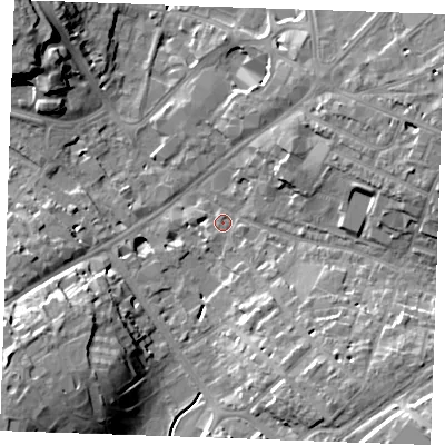 Shaded relief map of the ground around CB88EN, computed from Environment Agency LiDAR. The ground here sits at about 28 m above sea level and falls 20 m across the surrounding 800 m. Surface water reaching this point runs off ground lying to the south-south-east, 1.8 m higher.