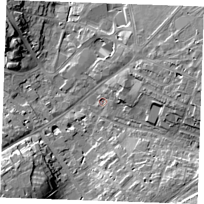 Shaded relief map of the ground around CB88EP, computed from Environment Agency LiDAR. The ground here sits at about 28 m above sea level and falls 18 m across the surrounding 800 m. Surface water reaching this point runs off ground lying to the north-east, 5.3 m higher.