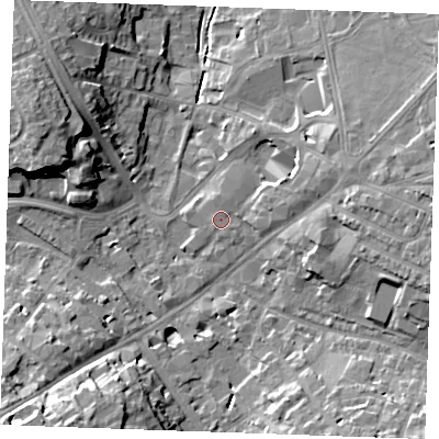 Shaded relief map of the ground around CB88EQ, computed from Environment Agency LiDAR. The ground here sits at about 28 m above sea level and falls 17 m across the surrounding 800 m. Surface water reaching this point runs off ground lying to the north-east, 2.1 m higher.