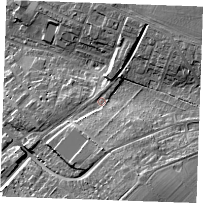 Shaded relief map of the ground around CB88ER, computed from Environment Agency LiDAR. The ground here sits at about 36 m above sea level and falls 22 m across the surrounding 800 m. Surface water reaching this point runs off ground lying to the south, 9.7 m higher.