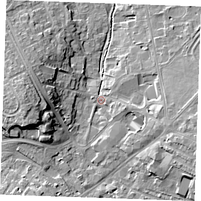 Shaded relief map of the ground around CB88EU, computed from Environment Agency LiDAR. The ground here sits at about 27 m above sea level and falls 16 m across the surrounding 800 m. Surface water reaching this point runs off ground lying to the west, 15.1 m higher.
