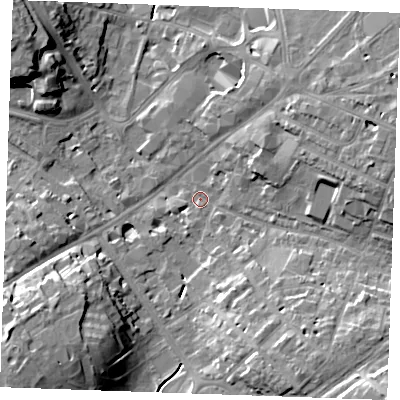 Shaded relief map of the ground around CB88EW, computed from Environment Agency LiDAR. The ground here sits at about 28 m above sea level and falls 20 m across the surrounding 800 m. Surface water reaching this point runs off ground lying to the south-south-east, 9.9 m higher.