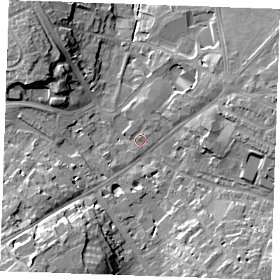 Shaded relief map of the ground around CB88FE, computed from Environment Agency LiDAR. The ground here sits at about 28 m above sea level and falls 19 m across the surrounding 800 m. Surface water reaching this point runs off ground lying to the north-east, 1.1 m higher.