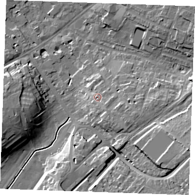 Shaded relief map of the ground around CB88HZ, computed from Environment Agency LiDAR. The ground here sits at about 34 m above sea level and falls 21 m across the surrounding 800 m. Surface water reaching this point runs off ground lying to the south-east, 3.3 m higher.