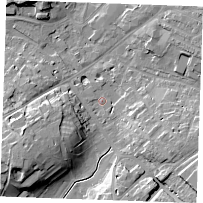 Shaded relief map of the ground around CB88JA, computed from Environment Agency LiDAR. The ground here sits at about 28 m above sea level and falls 20 m across the surrounding 800 m. Surface water reaching this point runs off ground lying to the west-south-west, 17.1 m higher.