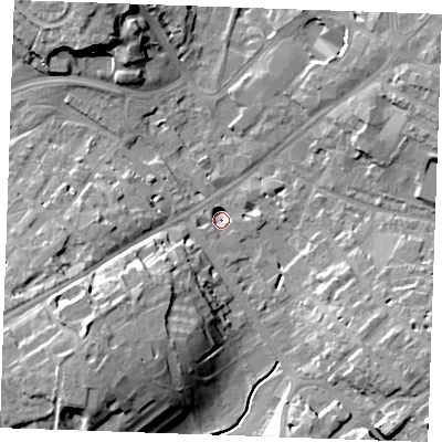 Shaded relief map of the ground around CB88JH, computed from Environment Agency LiDAR. The ground here sits at about 26 m above sea level and falls 20 m across the surrounding 800 m. Surface water reaching this point runs off ground lying to the south-west, 18.5 m higher.