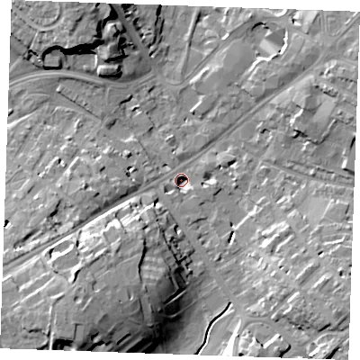 Shaded relief map of the ground around CB88JJ, computed from Environment Agency LiDAR. The ground here sits at about 26 m above sea level and falls 20 m across the surrounding 800 m. Surface water reaching this point runs off ground lying to the south-west, 19.8 m higher.