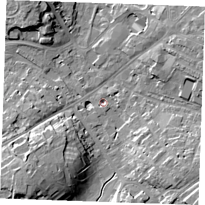 Shaded relief map of the ground around CB88JL, computed from Environment Agency LiDAR. The ground here sits at about 26 m above sea level and falls 20 m across the surrounding 800 m. Surface water reaching this point runs off ground lying to the east, 3.1 m higher.