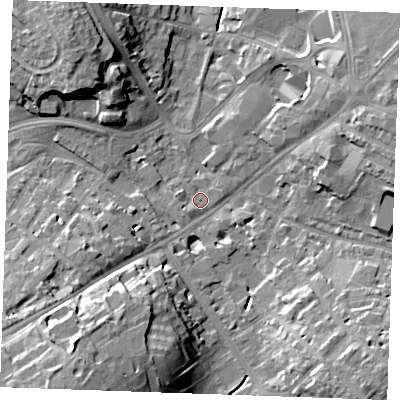 Shaded relief map of the ground around CB88JP, computed from Environment Agency LiDAR. The ground here sits at about 27 m above sea level and falls 20 m across the surrounding 800 m. Surface water reaching this point runs off ground lying to the south-west, 19.6 m higher.
