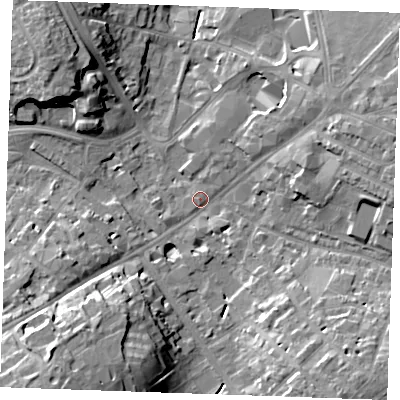 Shaded relief map of the ground around CB88JQ, computed from Environment Agency LiDAR. The ground here sits at about 28 m above sea level and falls 19 m across the surrounding 800 m. Surface water reaching this point runs off ground lying to the south-east, 10.5 m higher.