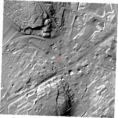Shaded relief map of the ground around CB88JS, computed from Environment Agency LiDAR. The ground here sits at about 27 m above sea level and falls 20 m across the surrounding 800 m. Surface water reaching this point runs off ground lying to the south-west, 8.4 m higher.