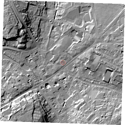 Shaded relief map of the ground around CB88JX, computed from Environment Agency LiDAR. The ground here sits at about 28 m above sea level and falls 19 m across the surrounding 800 m. Surface water reaching this point runs off ground lying to the east-north-east, 7.7 m higher.