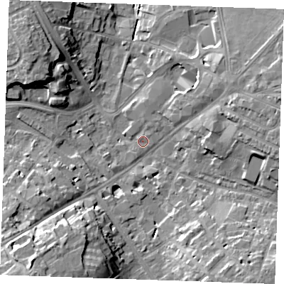 Shaded relief map of the ground around CB88JZ, computed from Environment Agency LiDAR. The ground here sits at about 28 m above sea level and falls 18 m across the surrounding 800 m. Surface water reaching this point runs off ground lying to the north-east, 1.1 m higher.
