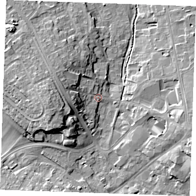 Shaded relief map of the ground around CB88LP, computed from Environment Agency LiDAR. The ground here sits at about 28 m above sea level and falls 16 m across the surrounding 800 m. Surface water reaching this point runs off ground lying to the west, 8.4 m higher.