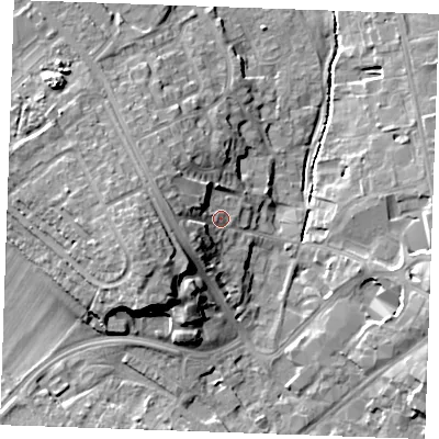 Shaded relief map of the ground around CB88LR, computed from Environment Agency LiDAR. The ground here sits at about 30 m above sea level and falls 16 m across the surrounding 800 m. Surface water reaching this point runs off ground lying to the west-north-west, 7.3 m higher.