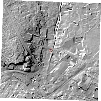 Shaded relief map of the ground around CB88LW, computed from Environment Agency LiDAR. The ground here sits at about 27 m above sea level and falls 16 m across the surrounding 800 m. Surface water reaching this point runs off ground lying to the west, 14.2 m higher.