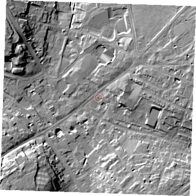Shaded relief map of the ground around CB88NA, computed from Environment Agency LiDAR. The ground here sits at about 28 m above sea level and falls 19 m across the surrounding 800 m. Surface water reaching this point runs off ground lying to the east, 8.3 m higher.